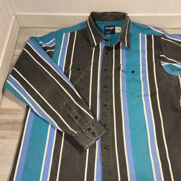 Wrangler Other - Vtg Wrangler Brushpopper Shirt 17.5‎ 38 XLT Western Rodeo Cowboy Black Blue 90s